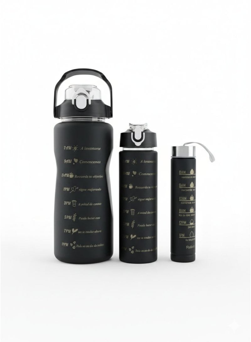 طقم زجاجات مياه 3 قطع   مياه رياضية بلاستيك صحي  مع علامات زمنية و علامات تحفيزية ، قابلة لإعادة الاستخدام ومضادة للتسرب، مثالية للرجال والنساء لصالة الألعاب الرياضية و كرة القدم و الأنشطة الخارجية، المدرسة، اللياقة البدنية، و للعمل  الحليب والعصير، زجاجة ماء شفافه جيم صحية متعددة الاستخدامات للجيم والمدرسة - زجاجه ماء مضادة للتسرب - ازازة مياه شفافة مع علامات للوقت - زجاجة ماية و عصير ولبن للاطفال و للمدرسة - Image 1